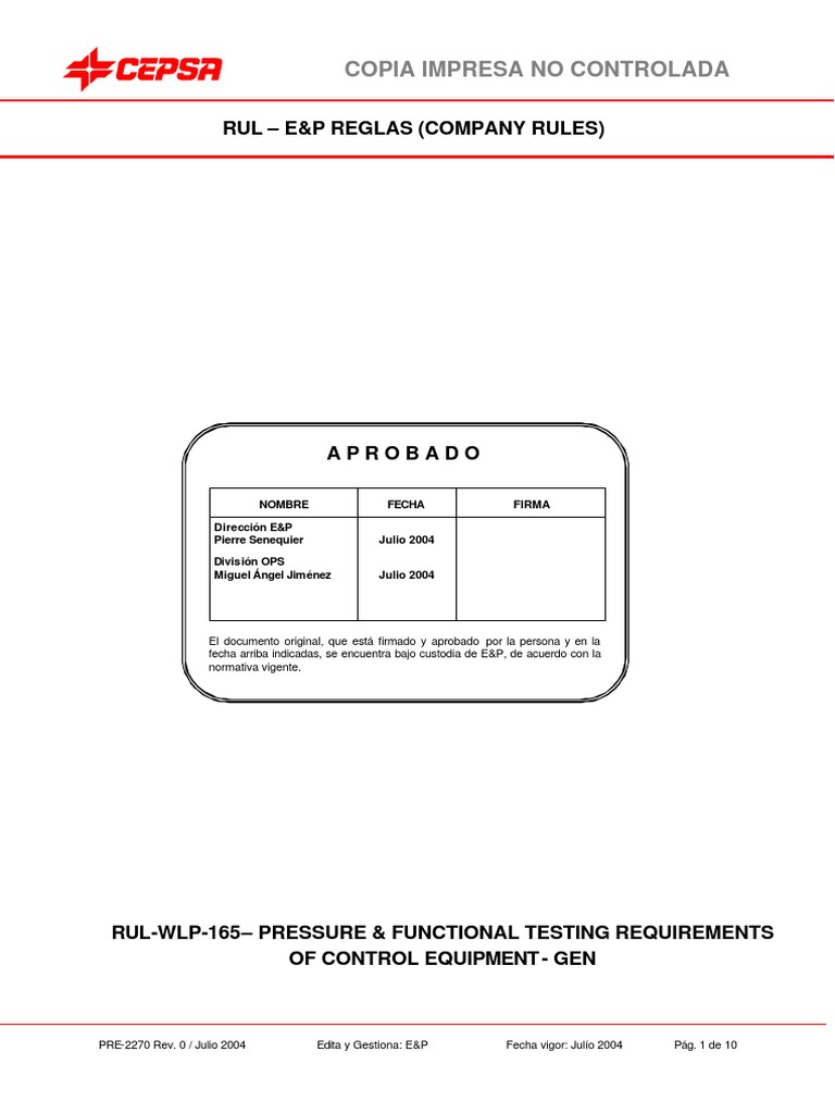 Boptest Rulwlp165 Pressure & Functional Testing Requirements of