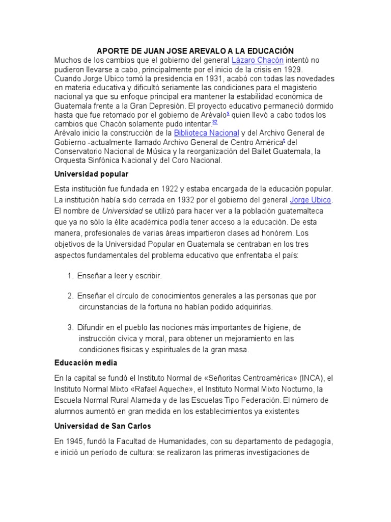 Logros Educativos de Juan José Arévalo | PDF | Escuelas | Educación ...