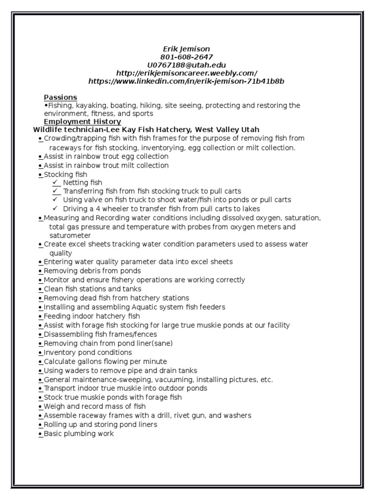 federal resume Fish Hunting