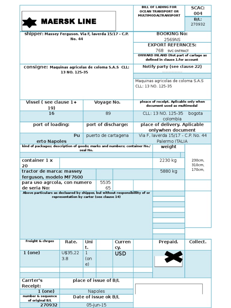 Maersk Bill Of Lading Sample