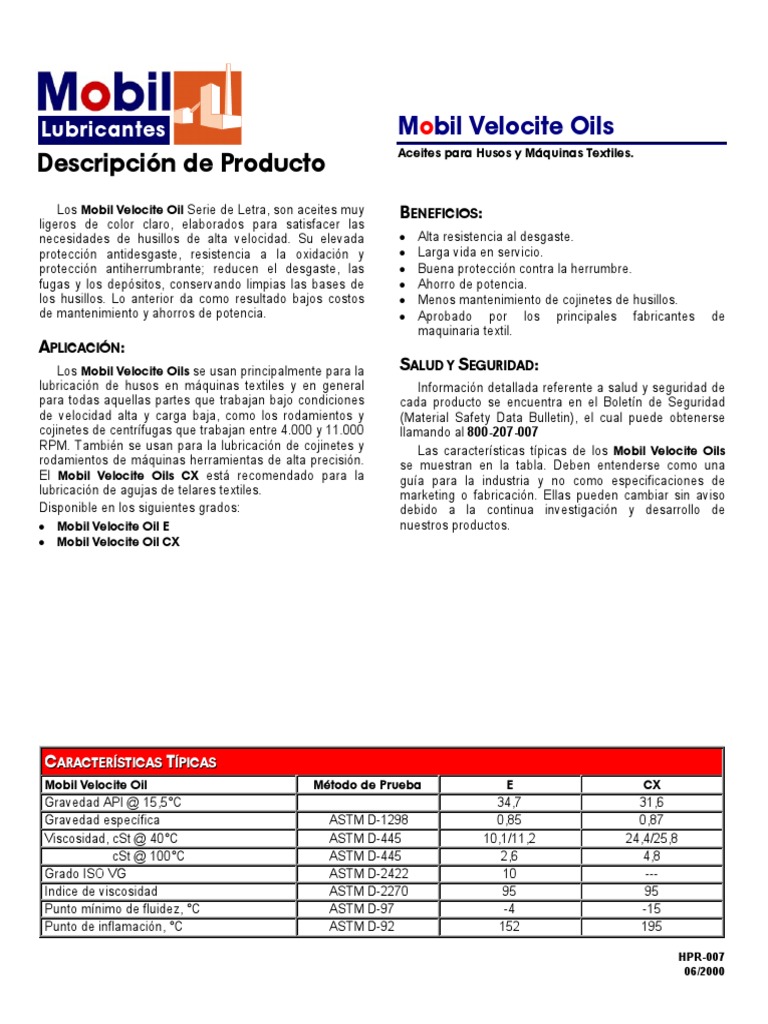 Aceites Mobil Velocite para Máquinas Textiles | PDF | Lubricante | Science