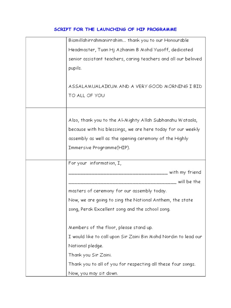 HIP Programme Launch Ceremony Script | PDF