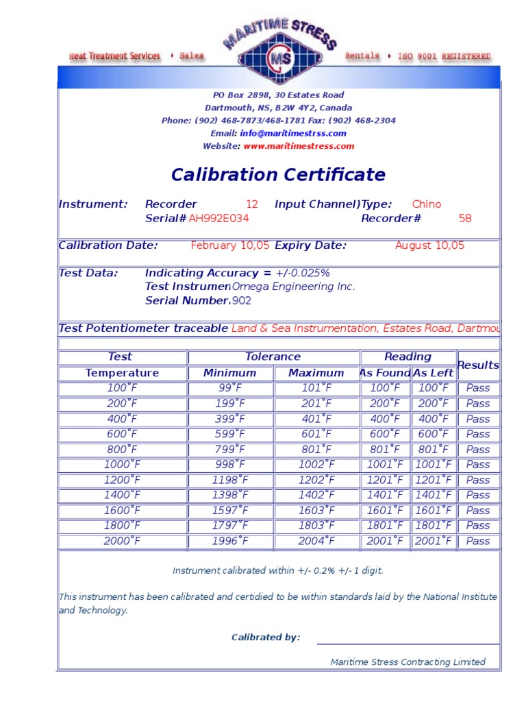 Calibration Certificate Sample PDF