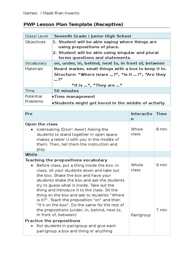 PWP Lesson Plan Prepositions Of Place Lesson Plan Communication