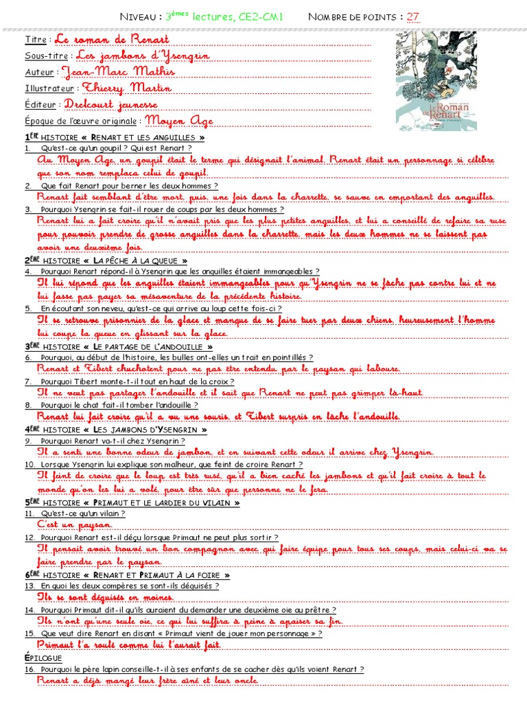 Le Roman De Renart Questionnaire Corrigé L3. Le Roman de Renart 1, Correction | PDF | Échecs | Jeux et activités