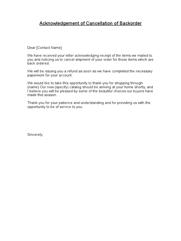 Acknowledgement of Cancellation of Backorder | PDF