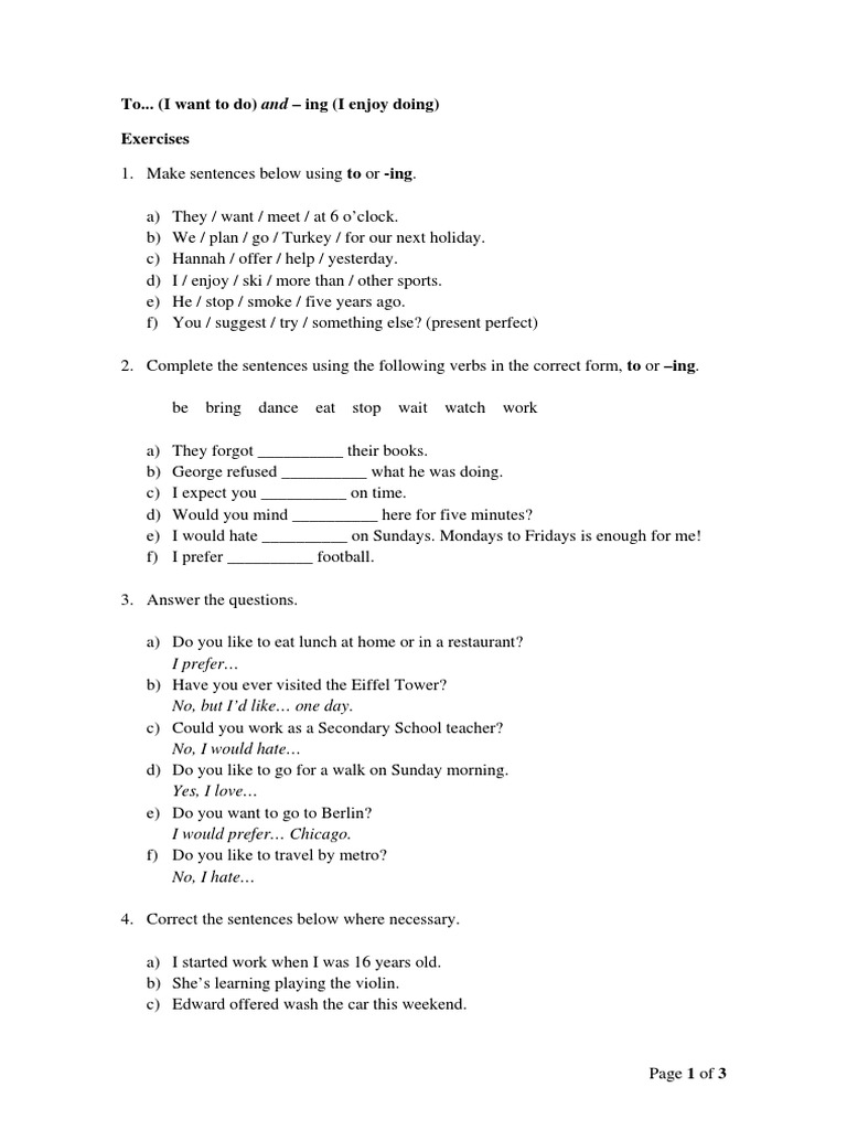 Grammar Exercises: To vs. -ing Forms | PDF | Workweek And Weekend