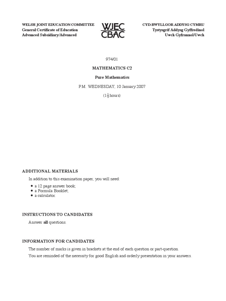 C2 Mathematics Exam Paper 2007 | PDF | Triangle | Area
