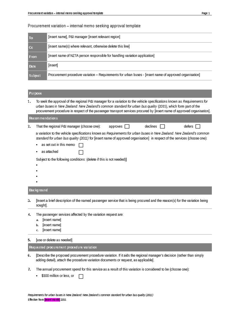 Procurement Variation Approval Memo Template | PDF | Procurement | Bus