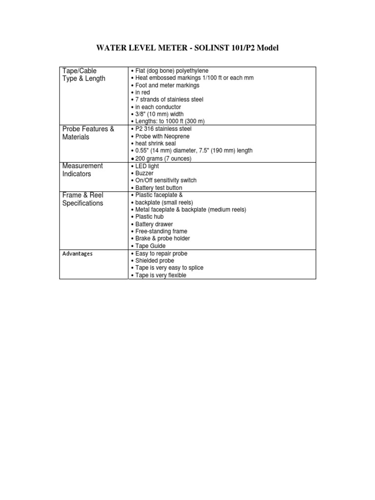 Water Level Meter Spec Solinst 101/P2 | PDF