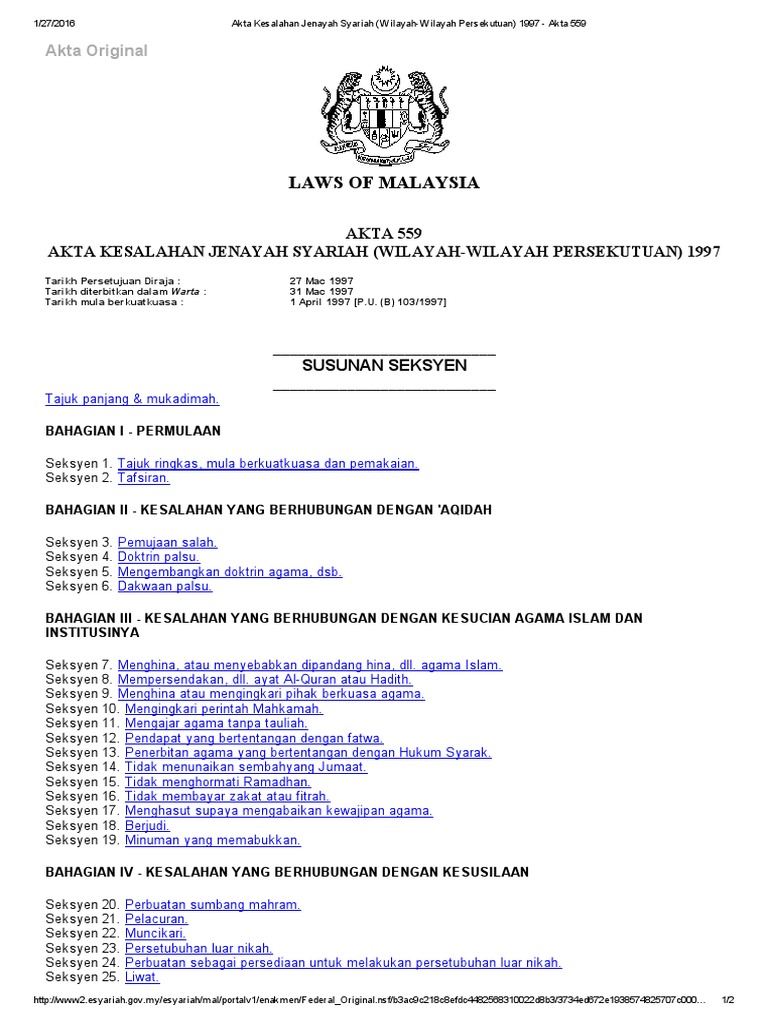 Akta Kesalahan Jenayah Syariah Wilayah Wilayah Persekutuan 1997 Akta 559