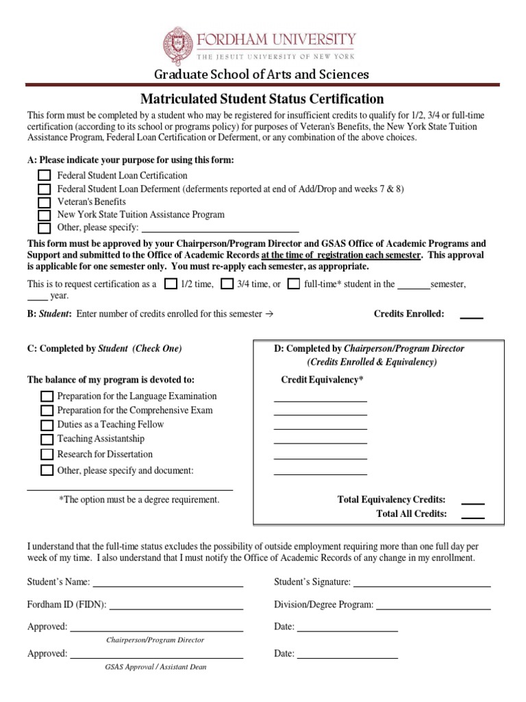 Matriculated Student Status Certification Form Student Loan Course