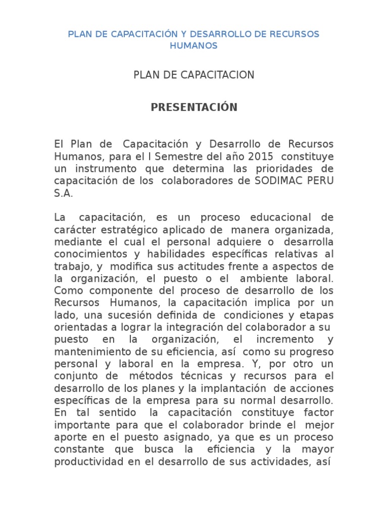 Plan de Capacitación SODIMAC 2015 | PDF | Recursos humanos | Planificación