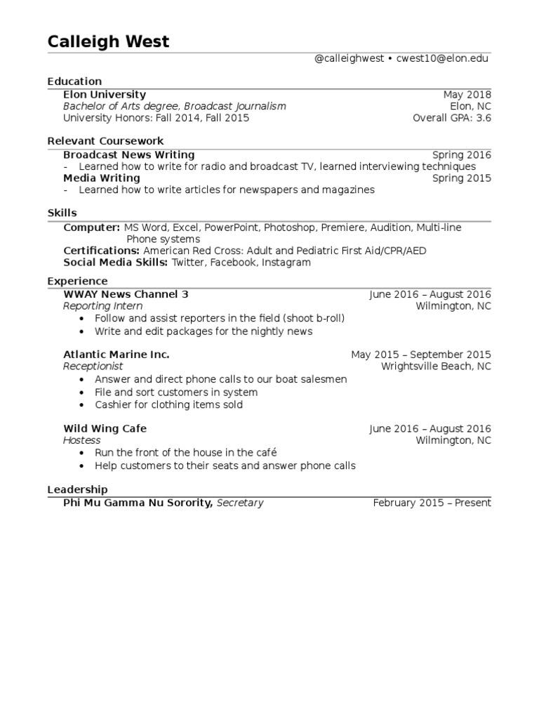 Calleigh West: Broadcast Journalism Resume | PDF