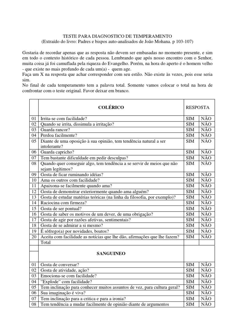 Teste de Temperamento para Imprimir | PDF | Amor