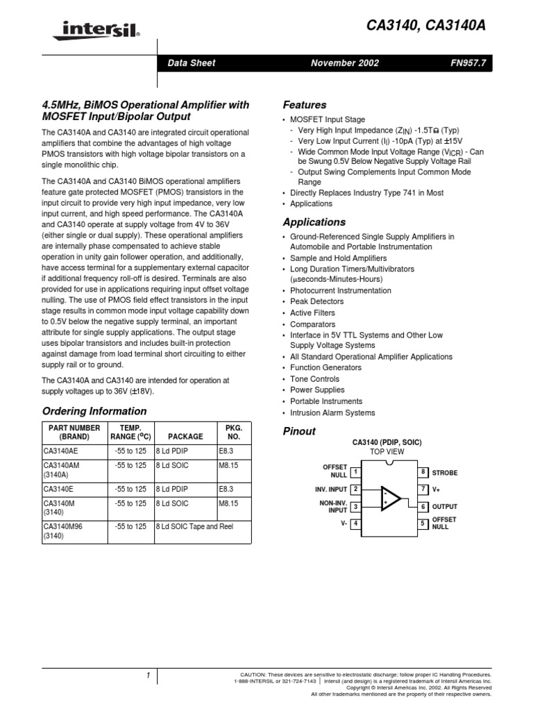 Ca3140, Ca3140A: 4.5Mhz, Bimos Operational Amplifier With Mosfet Input ...