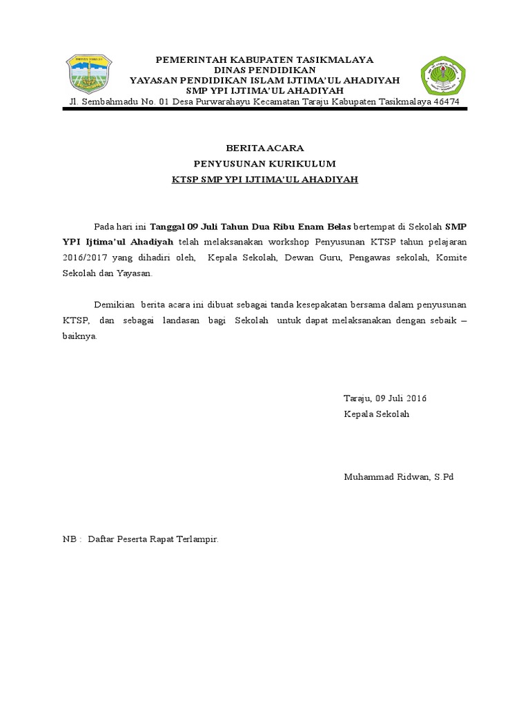 Berita Acara Penyusunan Kurikulum Daftar Hadir Dan Surat