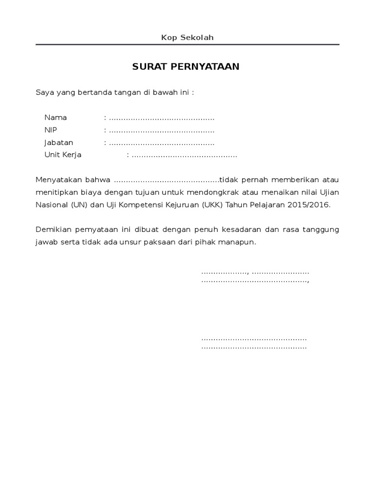 Surat Pernyataan Keaslian Nilai Un