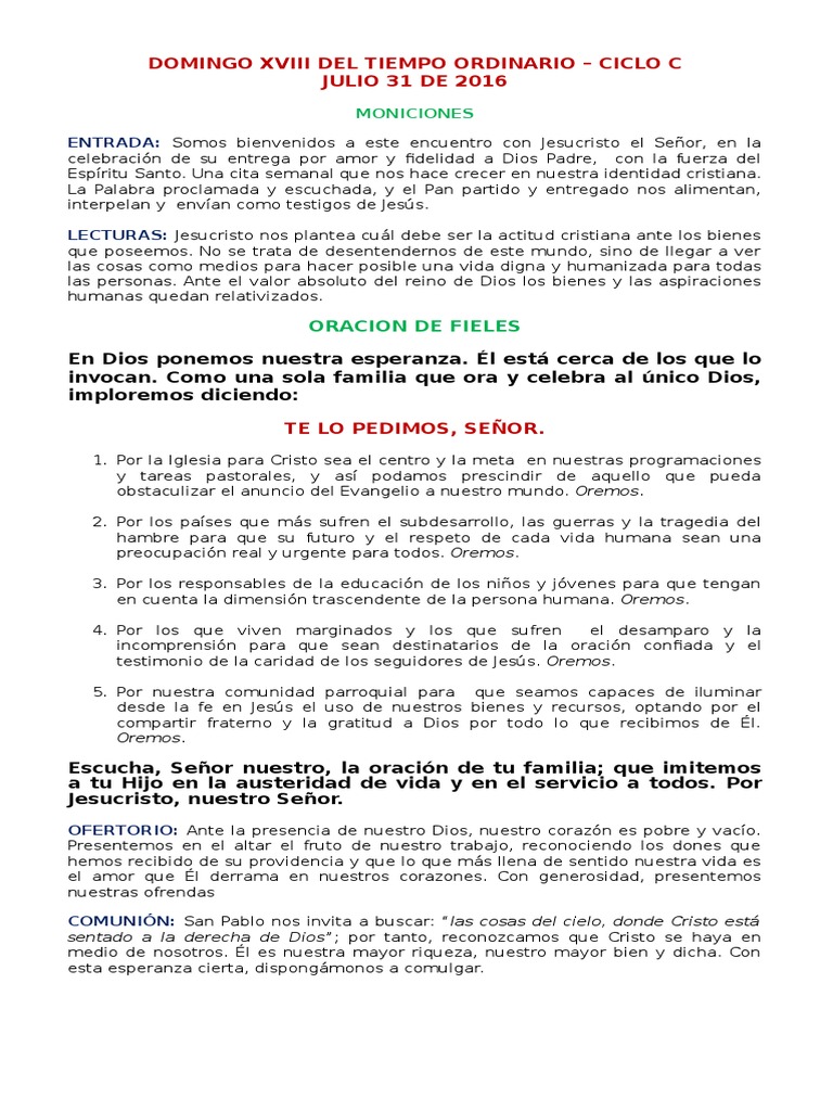 Moniciones Domingo XVIII to Ciclo C Eucharist Christ (Title)