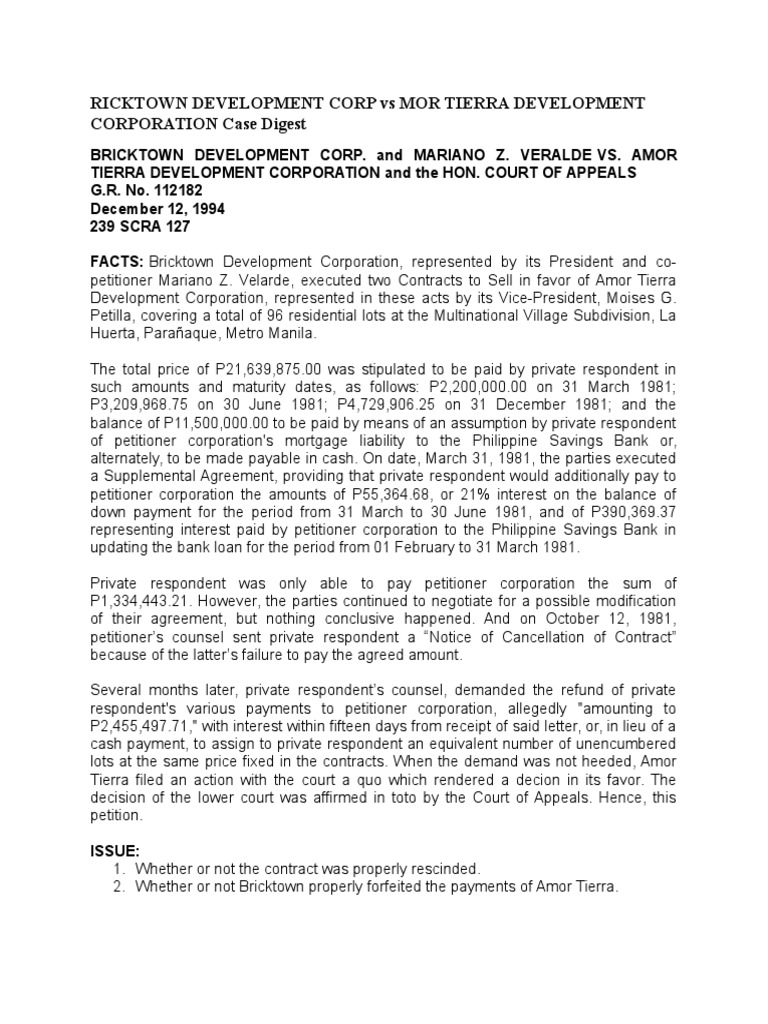 Bricktown Development Corp Vs Mor Tierra Development Corporation Case Digest Interest Common Law