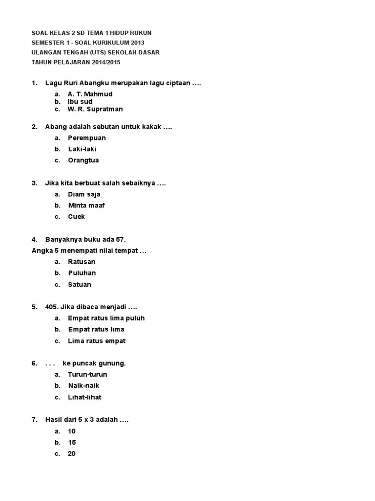 Soal Tematik Kelas 2 Sd Ok Pdf
