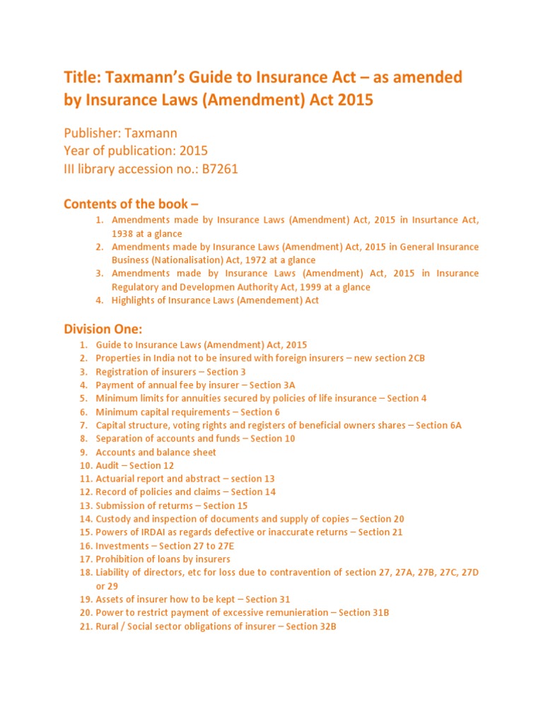 Taxmann’s Guide to Insurance Act as amended by Insurance