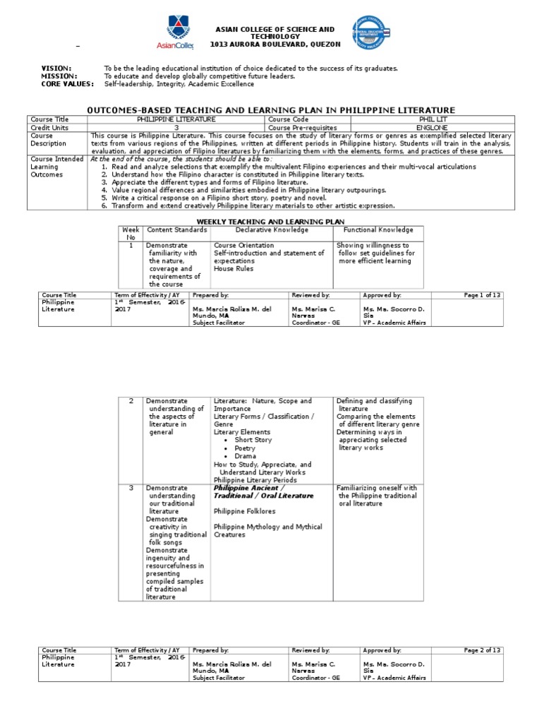 Phil Lit Syllabus Philippines Genre