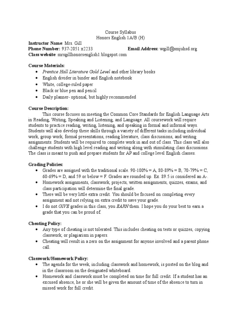 English 1 Honors Syllabus Homework Classroom