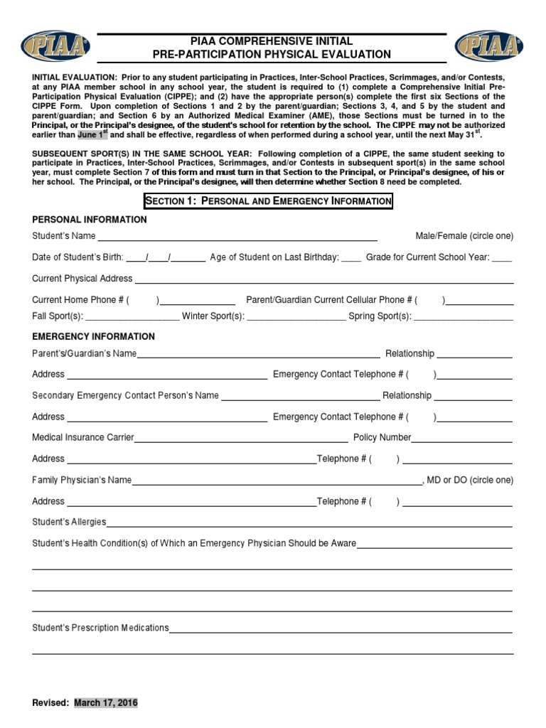 Piaa Form PDF Concussion Physician