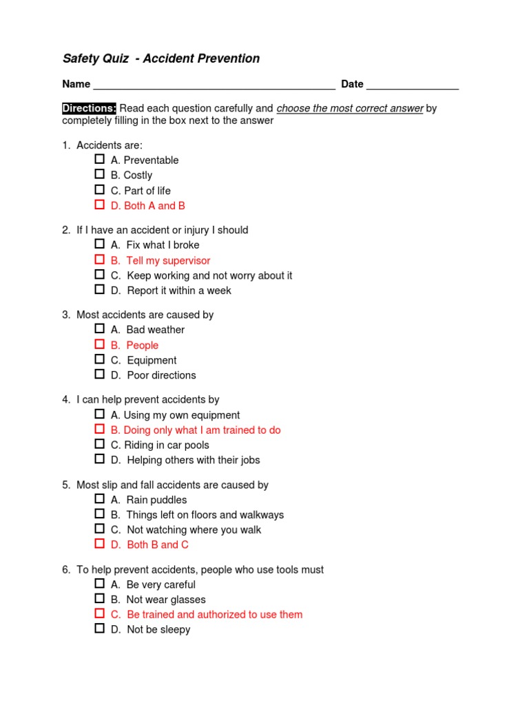 Safety Quiz Accident Prevention Directions PDF