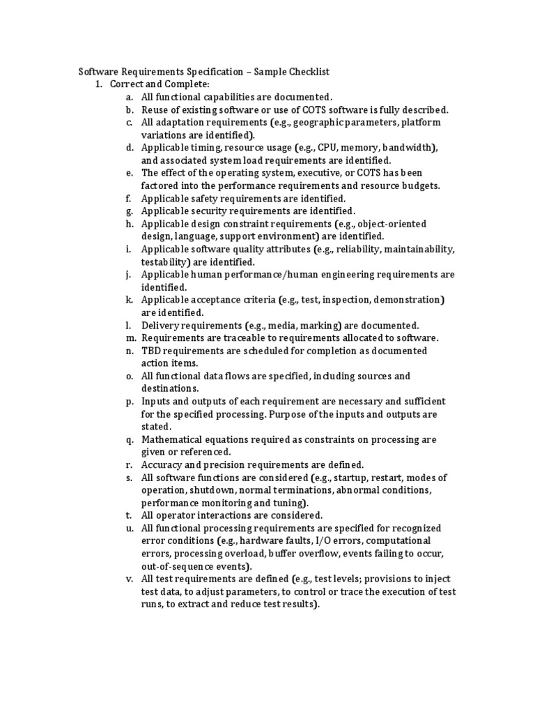 Software Requirements Specification Checklist | PDF | Computers