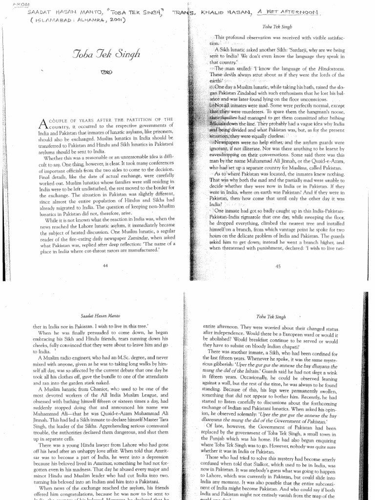 Manto - Toba Tek Singh | PDF | Partition Of India | Muhammad Ali Jinnah