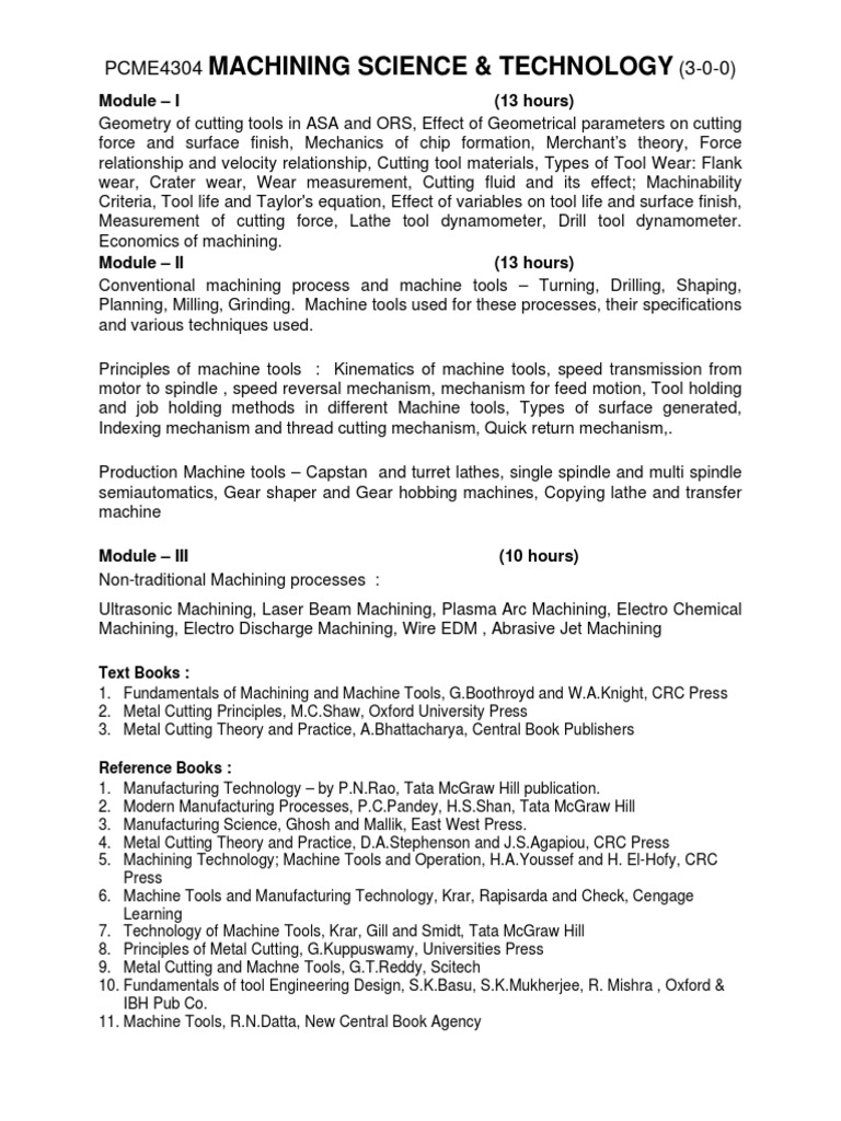 Machining Science & Technology: PCME4304 (3-0-0) | PDF | Technology ...