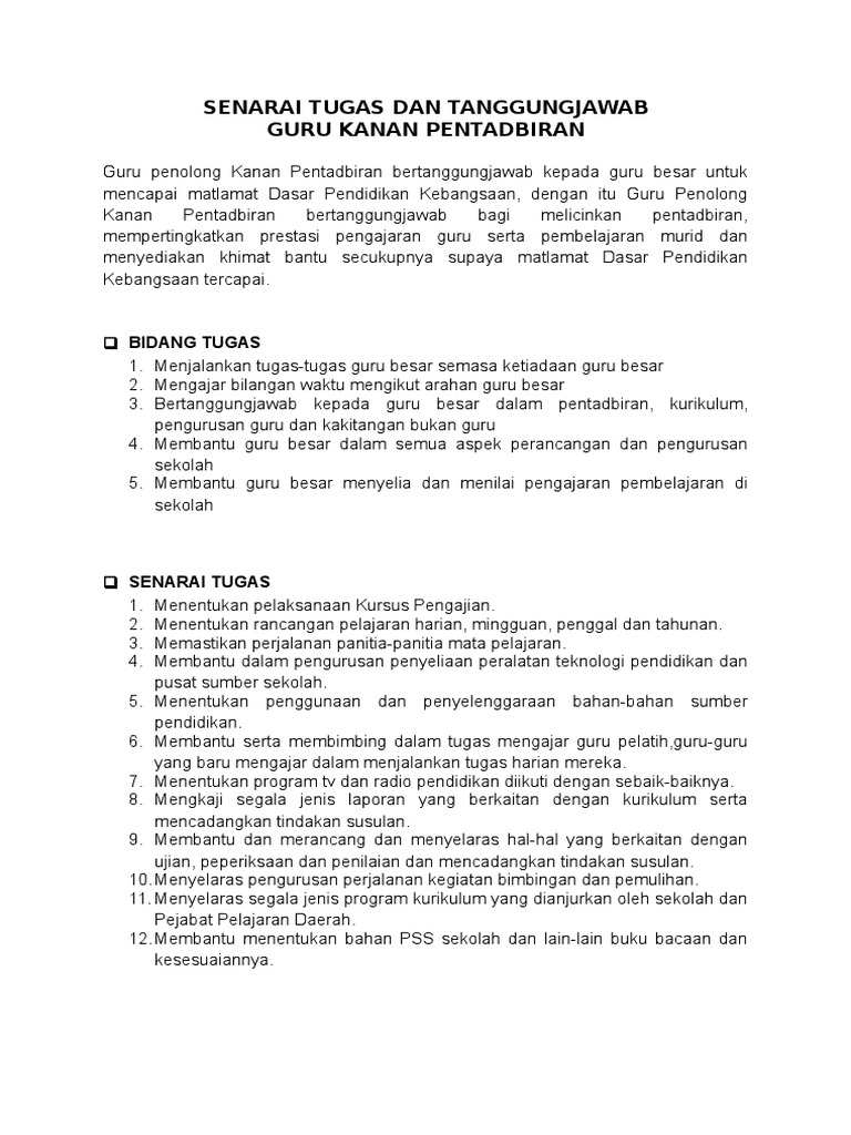 Senarai Tugas Dan Tanggungjawab Pdf