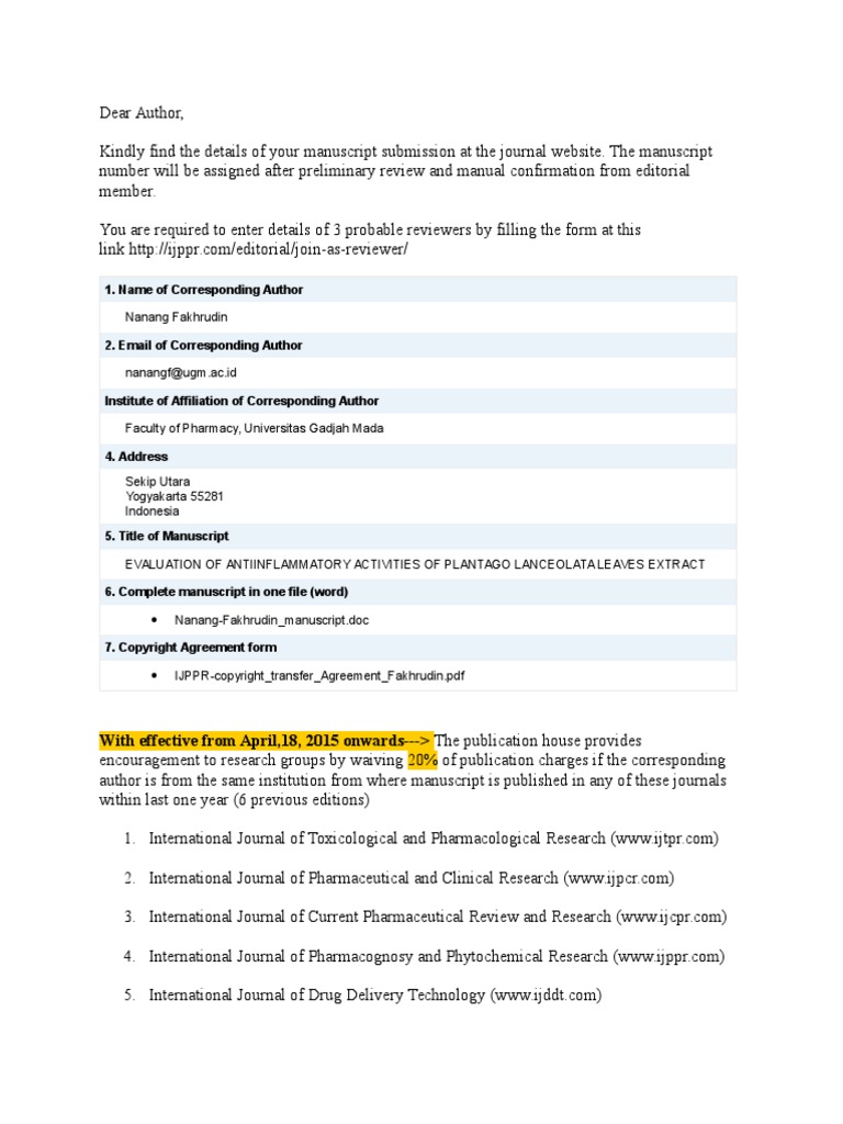 Name of Corresponding Author: With Effective From April, 18, 2015 ...