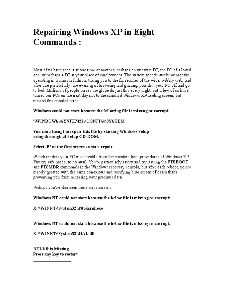 Repairing Win XP With Eight Command | PDF | Booting | Command Line ...
