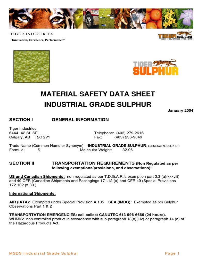 Material Safety Data Sheet Industrial Grade Sulphur Section I General