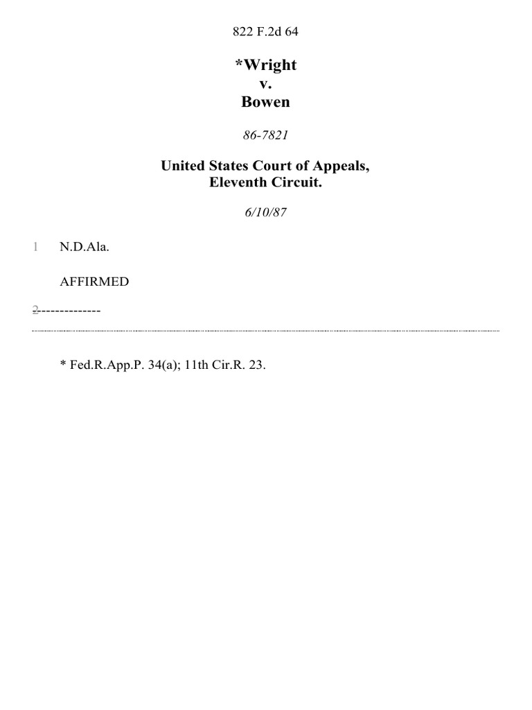 Wright v. Bowen United States Court of Appeals, Eleventh Circuit PDF