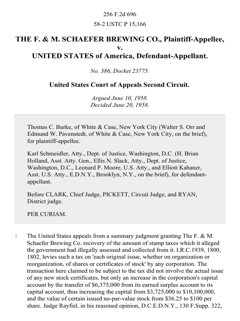 The F. & M. Schaefer Brewing Co. v. United States, 256 F.2d 696, 2d Cir ...