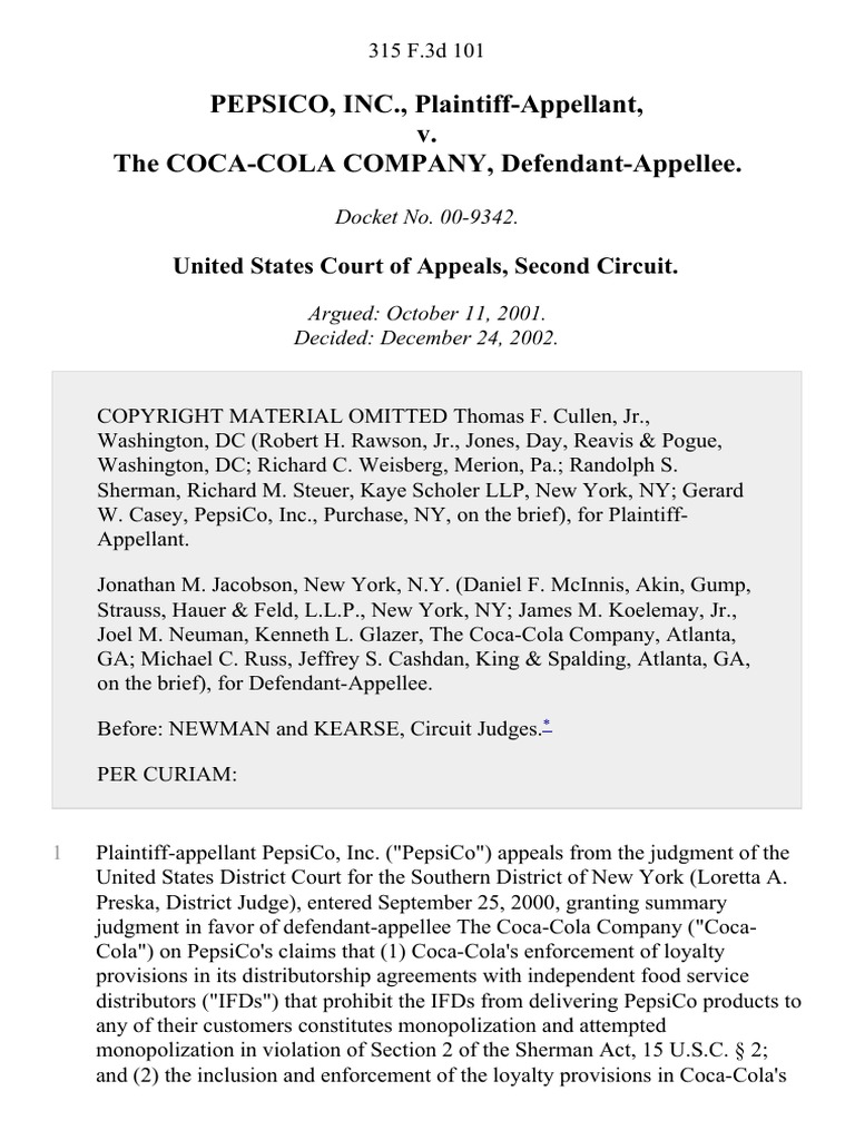 Pepsico, Inc. v. The CocaCola Company, 315 F.3d 101, 2d Cir. (2002