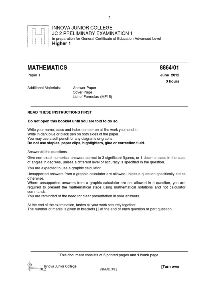 Ijc Jc2 H1 Maths 2012 Prelims 1 Question Paper Pdf Normal
