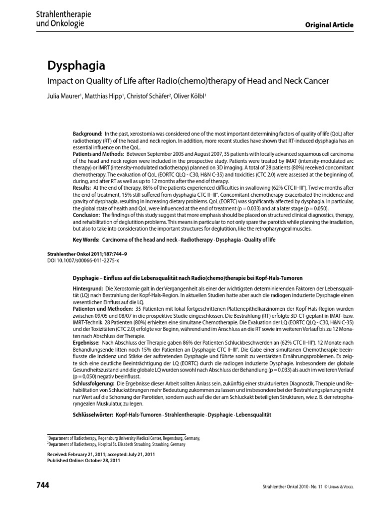Dysphagia: Impact On Quality of Life After Radio (Chemo) Therapy of ...