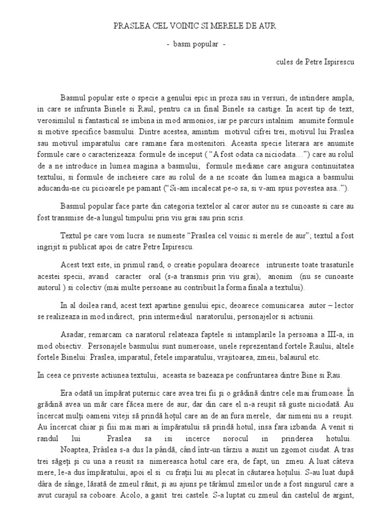 Fisa De Lectura Praslea Cel Voinic Praslea Cel Voinic Si Merele de Aur | PDF