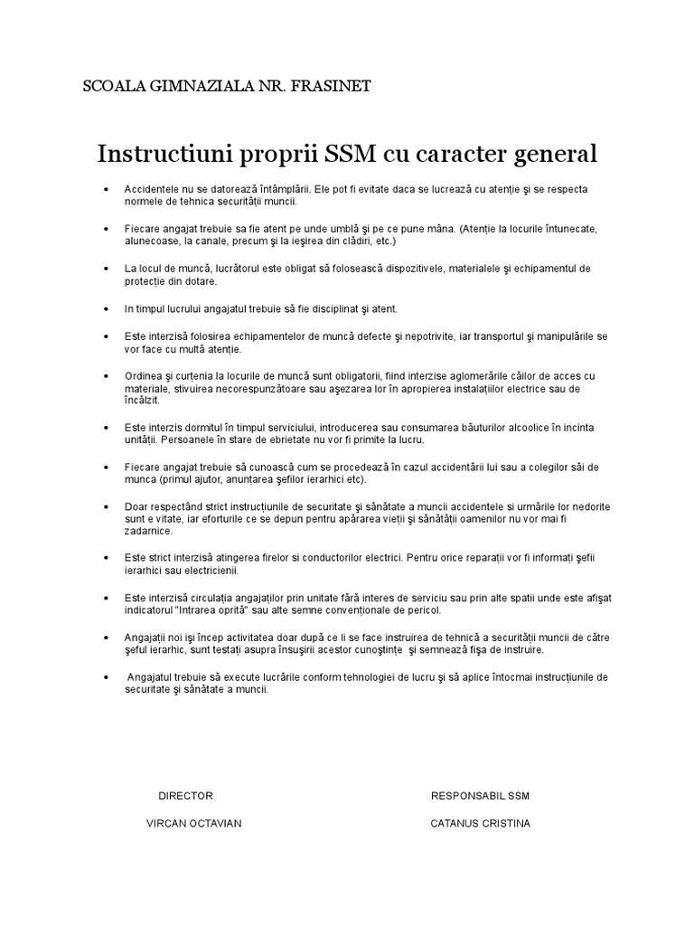Instructiuni Proprii SSM | PDF