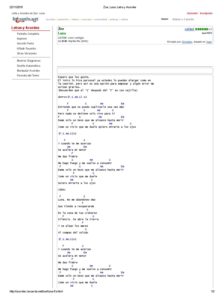 Zoe, Luna Letra y Acordes PDF