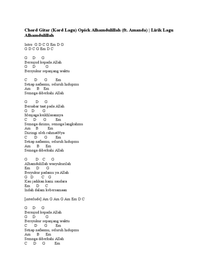 Chord Gitar Kord Lagu Opick Alhamdulillah Ft Amanda Lirik Lagu Alhamdulillah