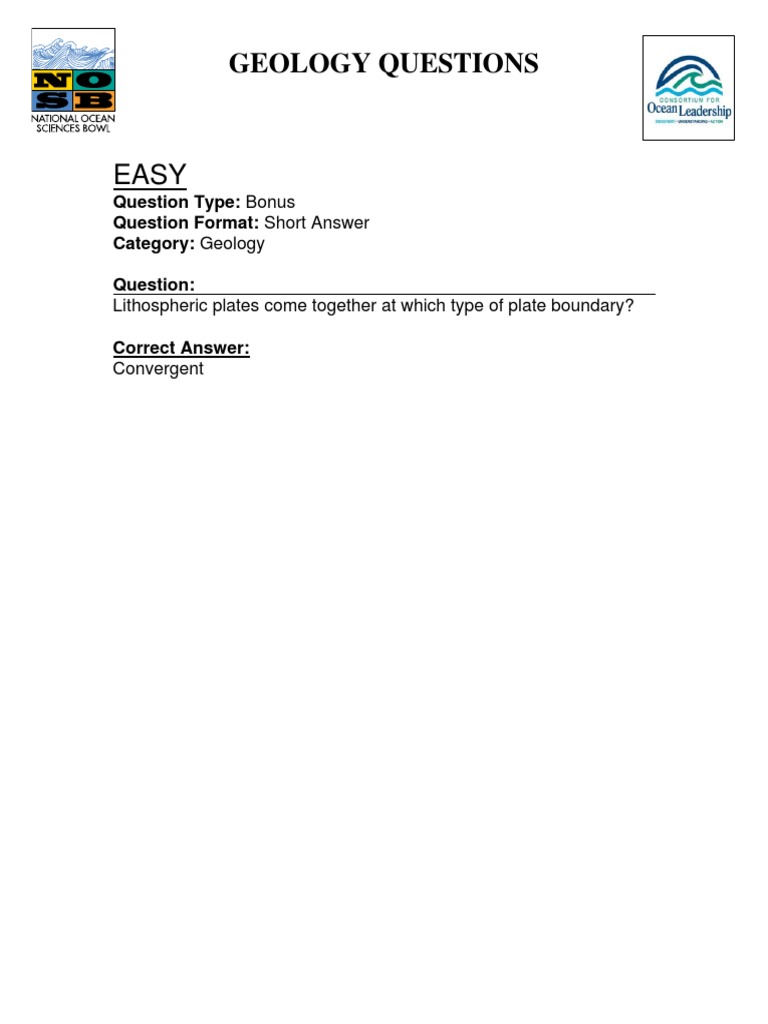 Geology Questions Question Type Bonus Question Format Short Answer