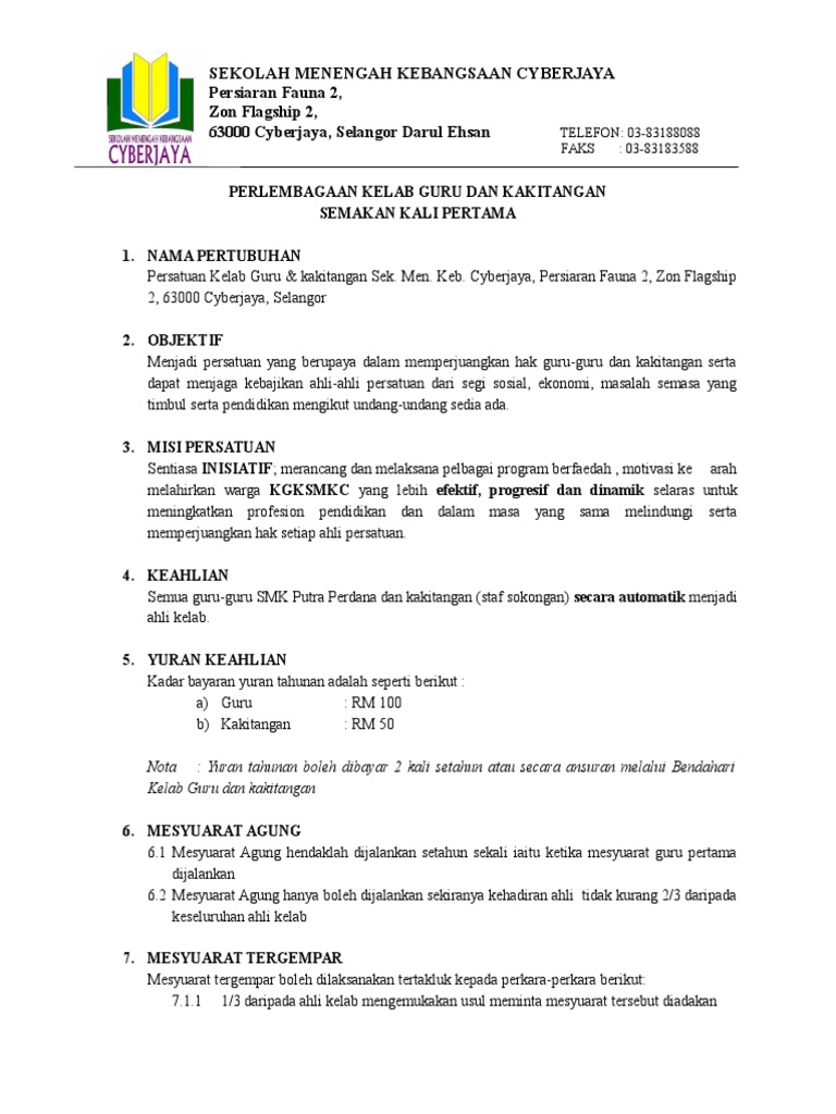 Perlembagaan Kelab Guru Dan Kakitangan 2016 Pdf