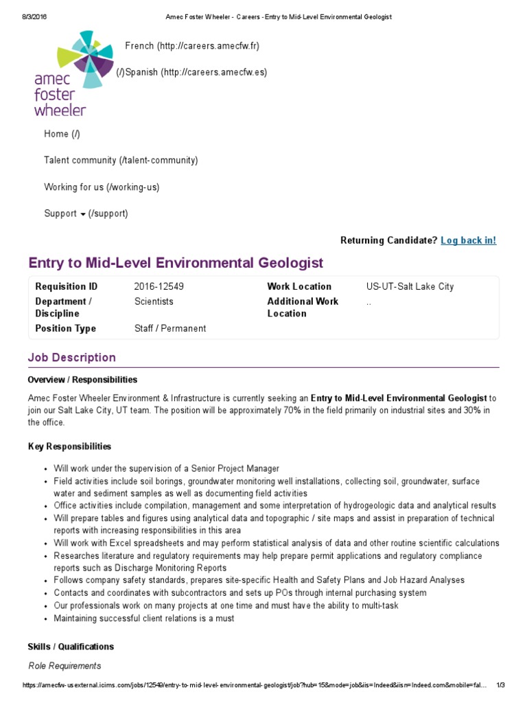 Amec Foster Wheeler Careers Entry To MidLevel Environmental