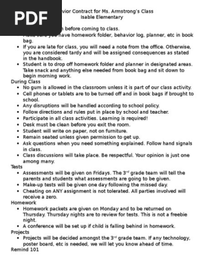 Parent Teacher Contract Pdf Homework Classroom
